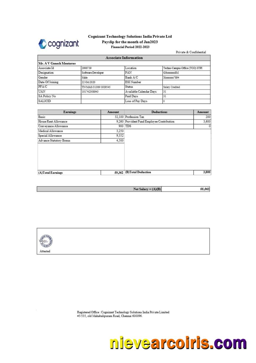 Cognizant Technology Solutions India payslip